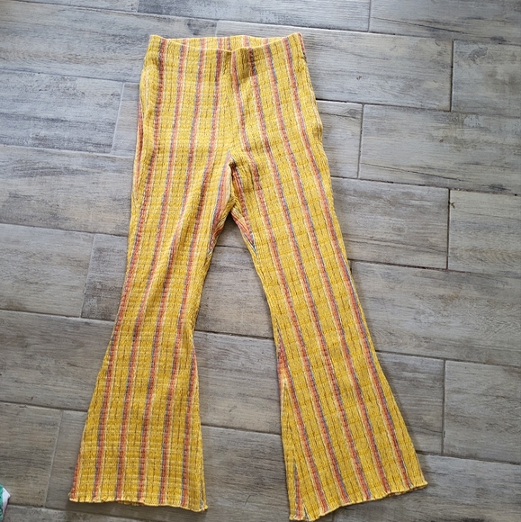Free People Fine Line Slim Pants Flare Yellow Stripe Smocked Boho Retro Size Med - Picture 2 of 6